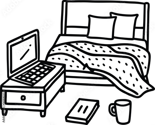 dorm room with laptop on bed warm blanket and mug