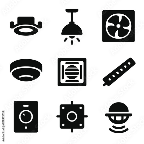 Ceiling Fixture Icons. Solid, filled icons set of lighting and ventilation in ceilings: recessed light,