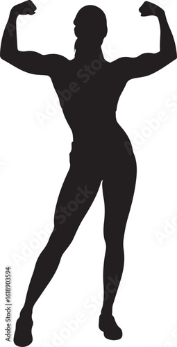 Muscular woman flexing arms showing biceps and strong legs silhouette fitness
