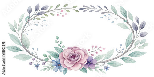 Elegant watercolor floral wreath with pink rose and greenery