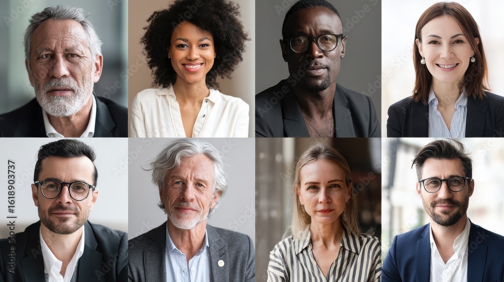 Fototapeta premium Collage of portraits of an ethnically diverse and mixed age group of focused business professionals, no logos, no brands