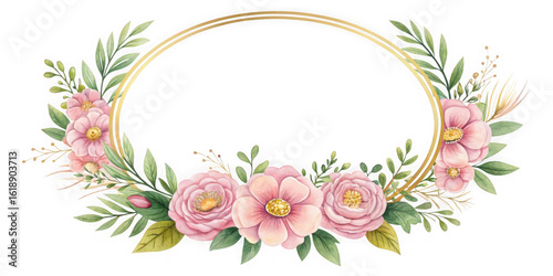 Watercolor floral frame with pink roses and gold oval border, elegant botanical wreath for wedding invitations, soft pastel flower arrangement