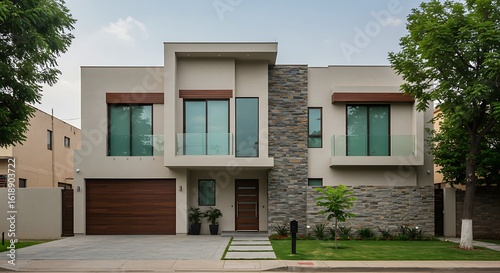 modern facade of a Luxury house, modern architecture of mexico, modern residential houses of two floors. Guadalajara, Jalisco, Mexico, June 24, 2024. infonavit
