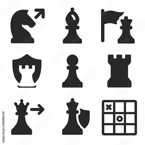 Chess Strategy Icons. Solid, filled icons set of offense vs defense in chess strategy: knight move, bishop