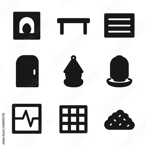 Chicken Coop Icons. Solid, filled icon set of chicken coop features: nesting box, roost, ventilation, door, feeder, water