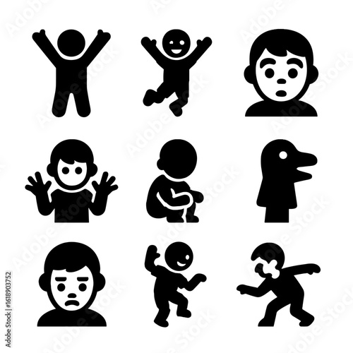 Child Storytelling Icons. Solid, filled icons set of child storytelling movement: excited arms, jumping pose,
