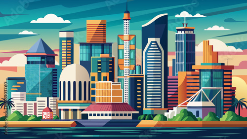 The skyline/cityscape of Victoria Island in Lagos, Nigeria glows above the Atlantic coastline, where glass towers rise. Semi-realistic vector style captures reflections, tropical skies, and urban eleg