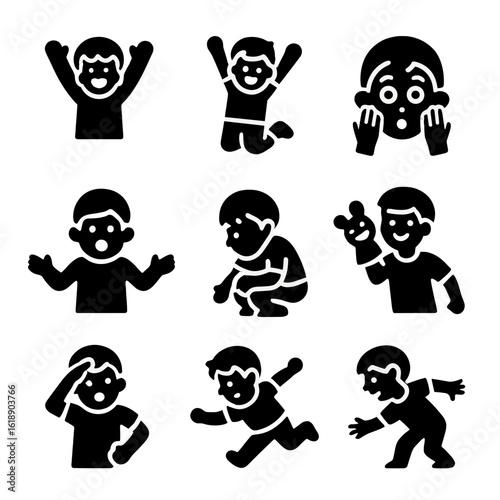 Child Storytelling Icons. Solid, filled icons set of child storytelling movement: excited arms, jumping pose,