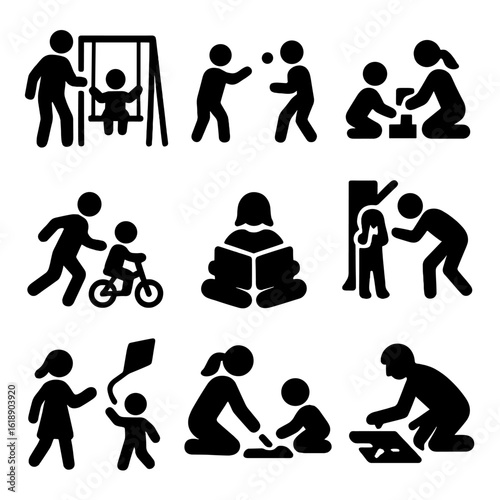 Children's Playtime Icons. Solid, filled icon set of children playing with their parents: swinging on swings, playing catch,