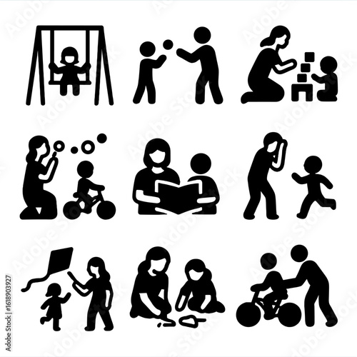 Children's Playtime Icons. Solid, filled icon set of children playing with their parents: swinging on swings, playing catch,