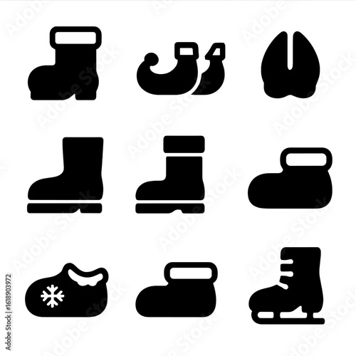 Christmas Footwear Icons. Solid, filled icon set of Christmas footwear: Santa’s boots, elf shoes, reindeer hoof, winter boot, snow