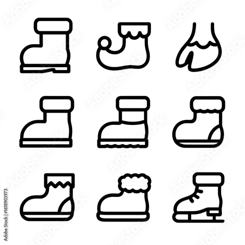 Christmas Footwear Icons. Solid, filled icon set of Christmas footwear: Santa’s boots, elf shoes, reindeer hoof, winter boot, snow