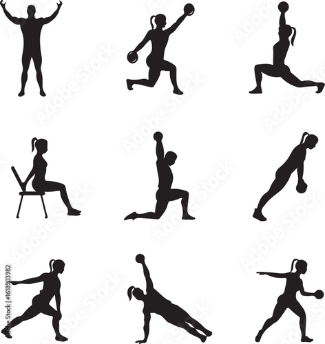 Athletic silhouettes performing various exercises fitness workout