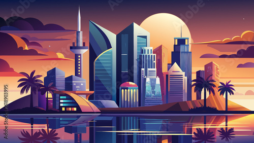 The skyline/cityscape of Victoria Island in Lagos, Nigeria glows above the Atlantic coastline, where glass towers rise. Semi-realistic vector style captures reflections, tropical skies, and urban eleg