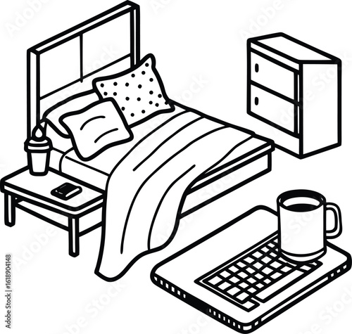 dorm with laptop on bed warm blanket and mug