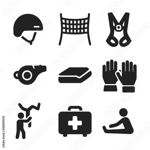 Circus Safety Icons. Solid, filled icon set of circus training and safety: helmet, safety net, harness, trainer whistle, practice