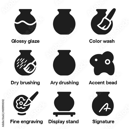 Clay Finishing Icons. Solid, filled icons set of finishing touches for clay animals: glossy glaze, matte