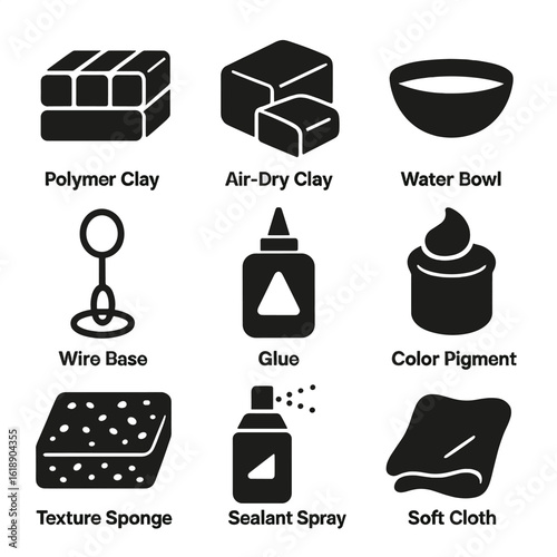 Clay Sculpting Icons. Solid, filled icons set of clay and sculpting materials: polymer clay, air-dry clay,