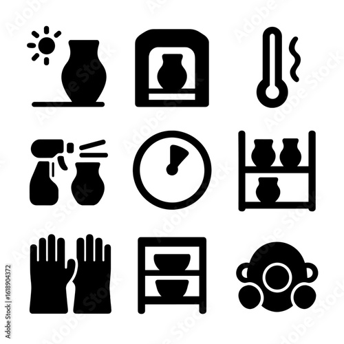 Clay Process Icons. Solid, filled icon set of clay drying and firing stages: drying clay, kiln loading, firing temperature,