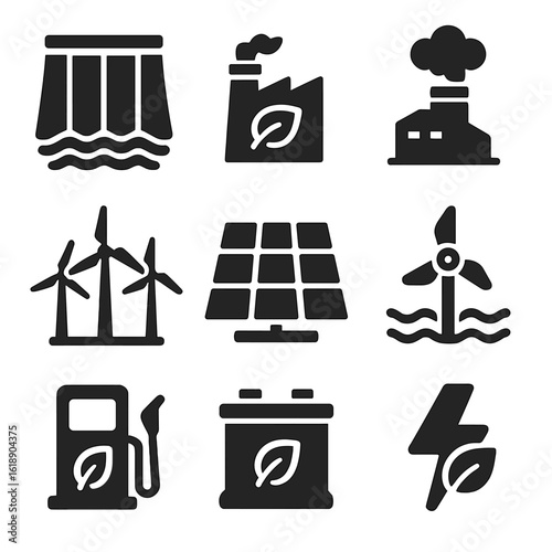 Clean Energy Icons Grid. Solid, filled icons set of clean energy production sources: hydro dam, biomass plant,