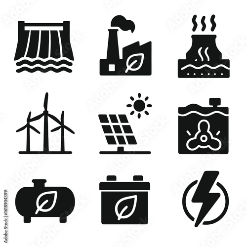 Clean Energy Icons Grid. Solid, filled icons set of clean energy production sources: hydro dam, biomass plant,