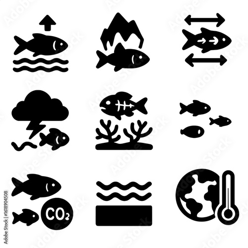 Climate Impact Icons. Solid, filled icons set of climate impact on fisheries: warming ocean, ice melt,