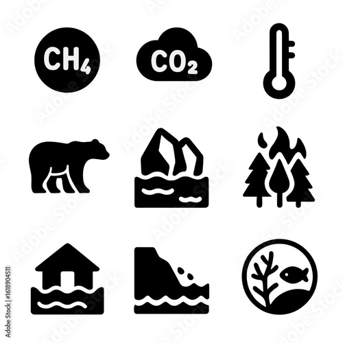 Climate Impact Icons. Solid, filled icon set of climate impact of permafrost thaw: methane bubble, carbon dioxide cloud, rising