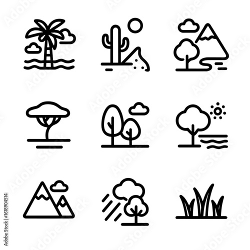 Climate Zone Icons. Solid, filled icon set of continent climate zones: tropical rainforest, desert, tundra, savanna, temperate