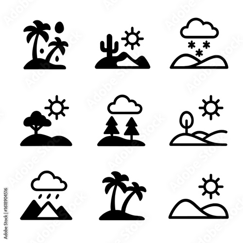 Climate Zone Icons. Solid, filled icon set of continent climate zones: tropical rainforest, desert, tundra, savanna, temperate