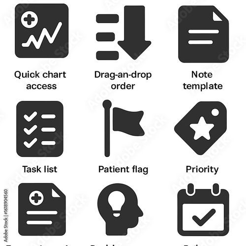 Clinician Workflow Icons. Solid, filled icons set of clinician workflow tools: quick chart access,