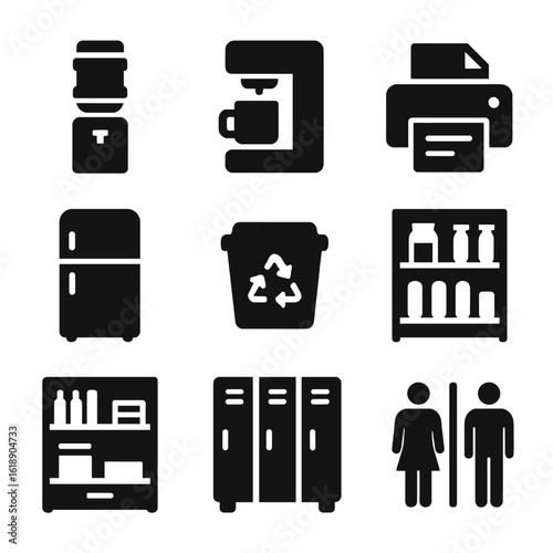 Co-Working Space Icons. Solid, filled icons set of shared amenities in co-working spaces: water cooler, coffee