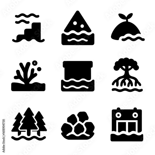 Coastal Protection Icons. Solid, filled icon set of coastal protection features: wave breaker, sediment trap, sand dune, coral
