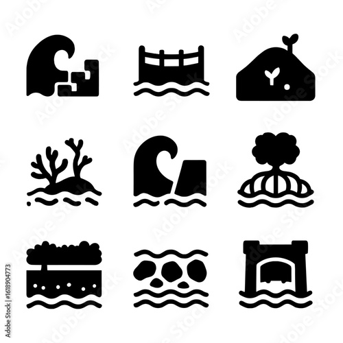 Coastal Protection Icons. Solid, filled icon set of coastal protection features: wave breaker, sediment trap, sand dune, coral