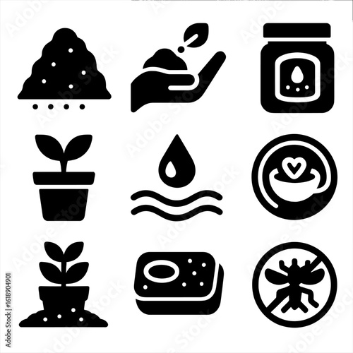 Coffee Grounds Icons. Solid, filled icon set of coffee grounds reuse: compost heap, garden fertilizer, body scrub jar, plant pot,