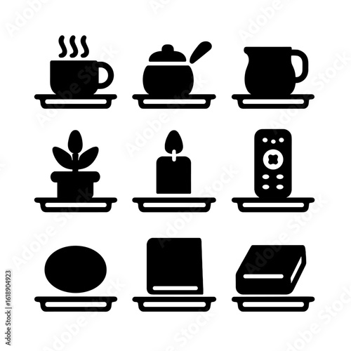 Coffee Table Essentials. Solid, filled icon set of coffee table essentials on trays: coffee cup, sugar bowl, creamer, teaspoon,