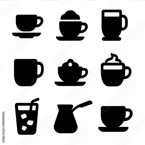 Coffee Type Icons. Solid, filled icon set of coffee types: espresso, cappuccino, latte, americano, macchiato, mocha, iced coffee,