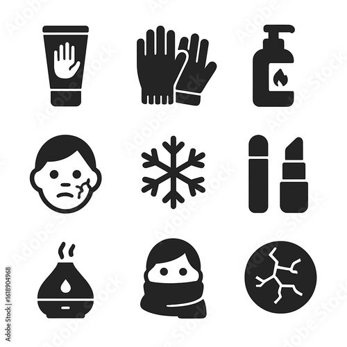 Cold Weather Skincare Icons. Solid, filled icons set of cold weather skin care: hand balm, wool gloves,