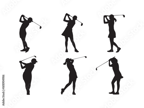 Collection of female golfers swinging golf clubs silhouette vector isolated on white background