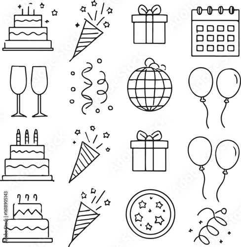 Birthday celebration icons with cakes and gifts birthday cake