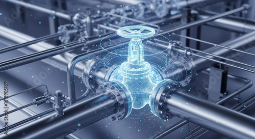 Futuristic 3d render of a smart industrial pipeline with a glowing digital wireframe valve representing iot technology
