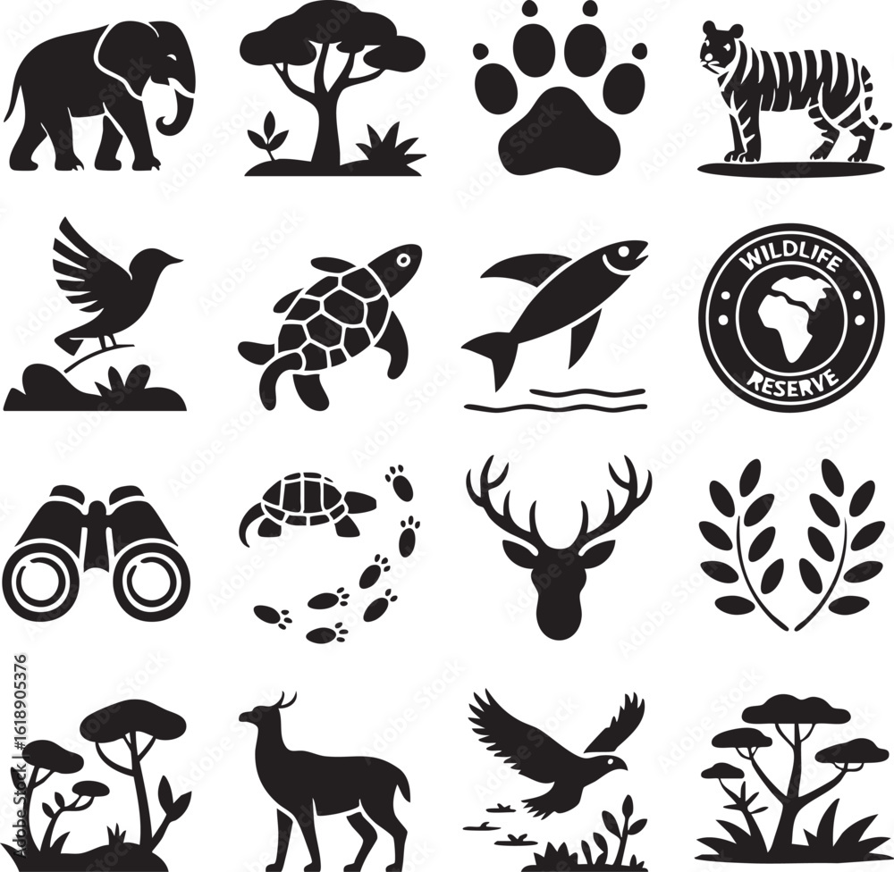 Naklejka premium Wildlife Icons Set: Animals, Trees, and Nature Silhouettes