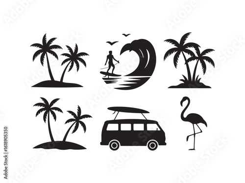 Tropical beach scene silhouettes vector isolated on white background