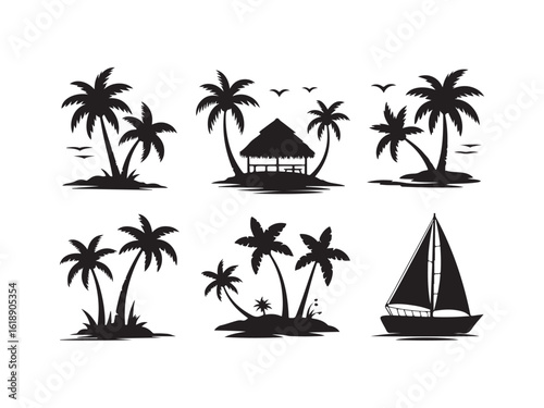 Tropical island silhouettes with palm trees and sailboat isolated on white background