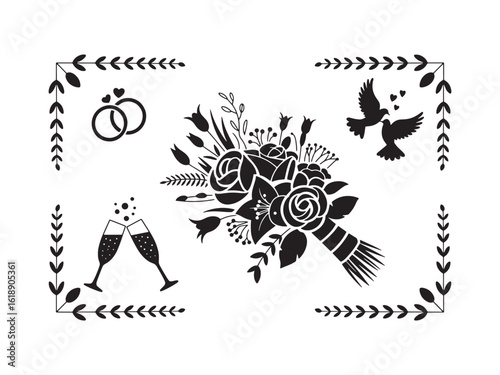 Wedding bouquet rings doves and champagne glasses silhouette vector isolated on white background