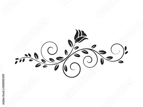 Black floral scrollwork with rose vector isolated on white background