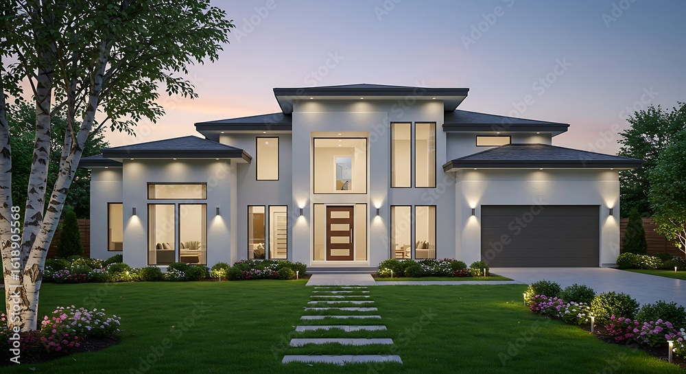 Fototapeta premium Contemporary beautiful modern house exterior with green grass property in prime location