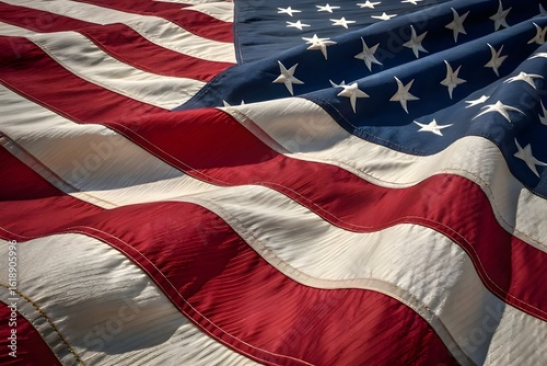 Closeup of the American flag waving in the wind with stars and stripes