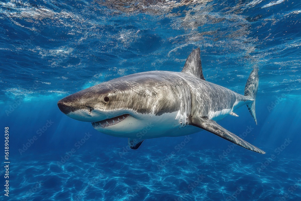 Fototapeta premium Great white shark swimming gracefully in the clear, blue ocean water during daylight hours, creating ripples on the water's surface