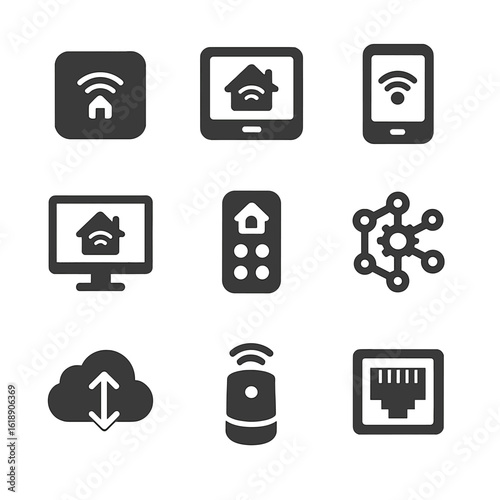 Home Automation Icons. Flat icon set of home automation hubs: central hub, touchscreen panel, mobile app, web dashboard, remote