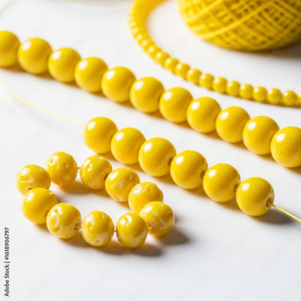 Fototapeta premium yellow glass beads and string laid out for jewelry making on a solid white background, crafting resource image